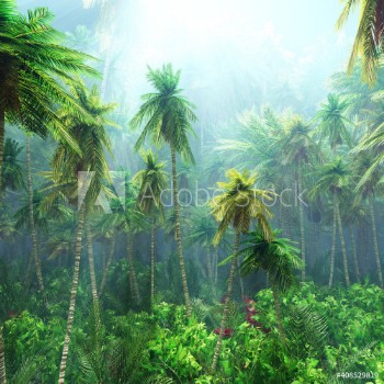 Bild på Jungle beautiful rainforest in the fog palm trees in the haze jungle in the morning in the fog 3D rendering